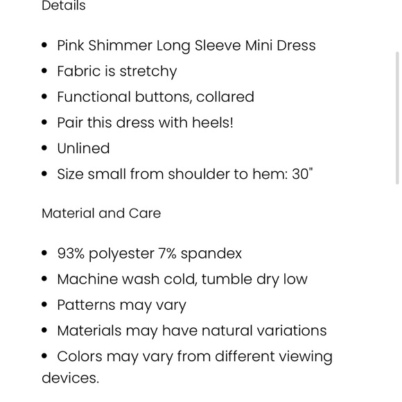 Pink Lily XS Forever Crushing Pink Shimmer Long Sleeve Mini Dress - Picture 5 of 5